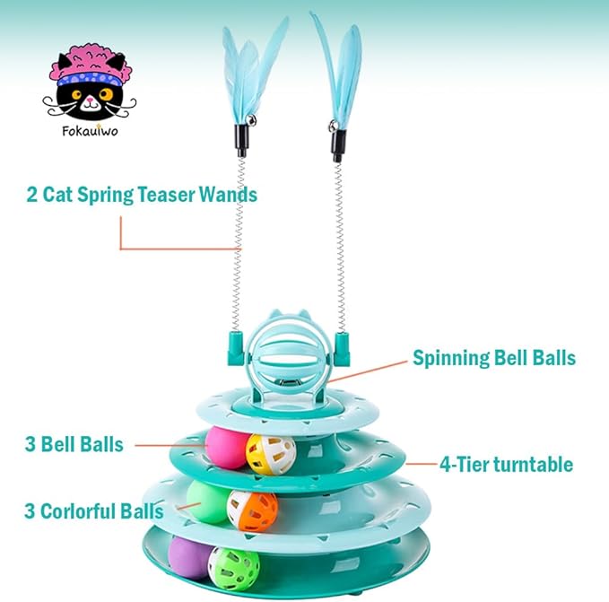 Fokauiwo Kitten Toys, Interactive Cat Puzzle Toys for Indoor Cats, Cat Tower with 2 Kitty Teasers and Ball Track (Green)