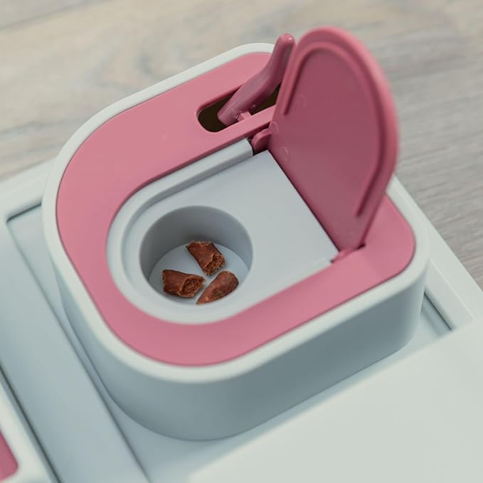 TRIXIE Cat Activity Poker Box Strategy Game – Interactive Puzzle Toy with 4 Modules – Treat Puzzle Feeder for Mental Stimulation & Slow Feeding – Pink/Gray, 12.2 x 12.2 x 2.5 in