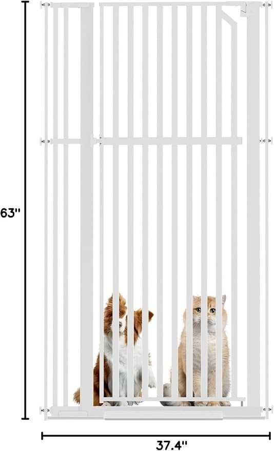 Glaf Extra Tall Pet Gate 63" Pressure Mounted Cat Door Safety Metal Cat Gate Adjustable Width Dog Gate Auto-Close Dog Door for Doorways, Stairs, Kitchen, Hallway (White, 33.86-37.4")