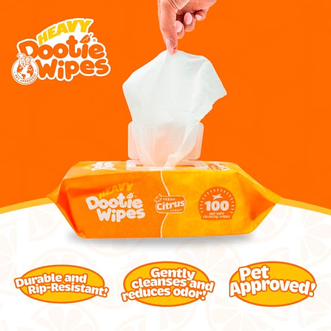 HEAVY Dootie Wipes - Convenient Durable Dog Wipes for Paws, Butt with Very Mild Pleasant Citrus Scent, 100 Count - Puppy Essentials Pet wipes, Dog Wipes Cleaning and Deodorizing. Made with Bamboo.