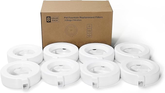 8 Pack Replacement Filters for 3.6L/4.6L/6L/8L Gravity Pet Water Dispenser, YOIHABV Dog Water Filter Replacement, Triple Filtration Pet Fountain Filter, Water Feeder Filter for Cat and Dog(1 Brush)