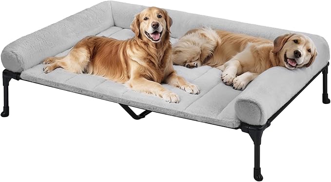 Veehoo Cooling Elevated Dog Bed with Fluffy Plush Bolster Cushion, Indoor Raised Dog Beds for Large Dogs, Soft Pet Sofa Cot with Removable Washable Mat, No-Slip Feet, 59 x 37 inches, Grey