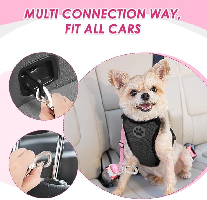 SlowTon Dog Seatbelt, 2 Pack Dog Seat Belt Car Leash Adjustable Elastic Bungee Buffer Heavy Duty Nylon Reflective Pet Safety Tether Connect to Dog Harness for Travel Riding in Vehicle (Daul Clip, PI)