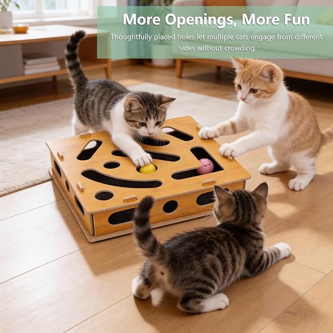Eco Friendly Cat Nail File Enrichment Box, Wooden Scratch Puzzle with Sandpaper Surface, Stress Free Nail Care Alternative, Interactive Maze Scratcher with Bell Ball for Indoor Cats