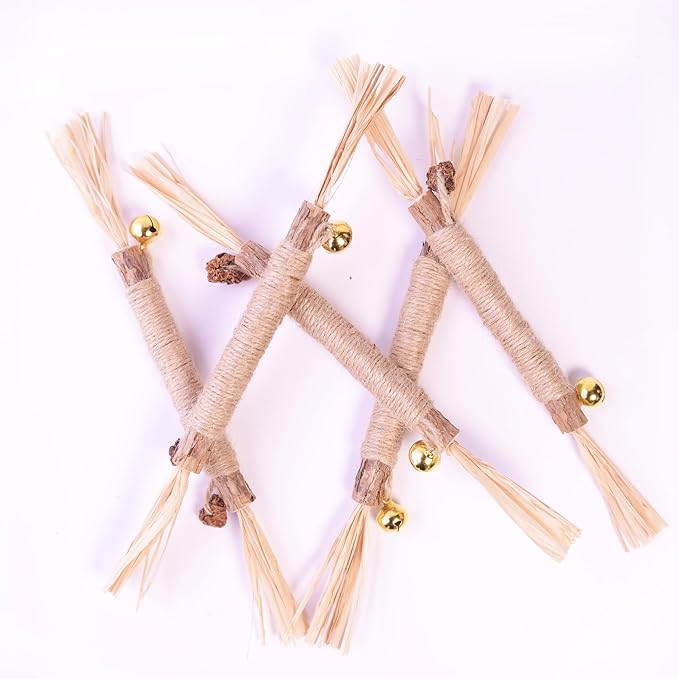JoyArrive Natural Dried Matatabi Cat Chew Stick with Gall Fruit, Raffia Grass & Bell Cat Ball Toys, Handmade Silvervine Sticks Interactive Catnip Toy for Teething & Entertainment (Size M Color A)