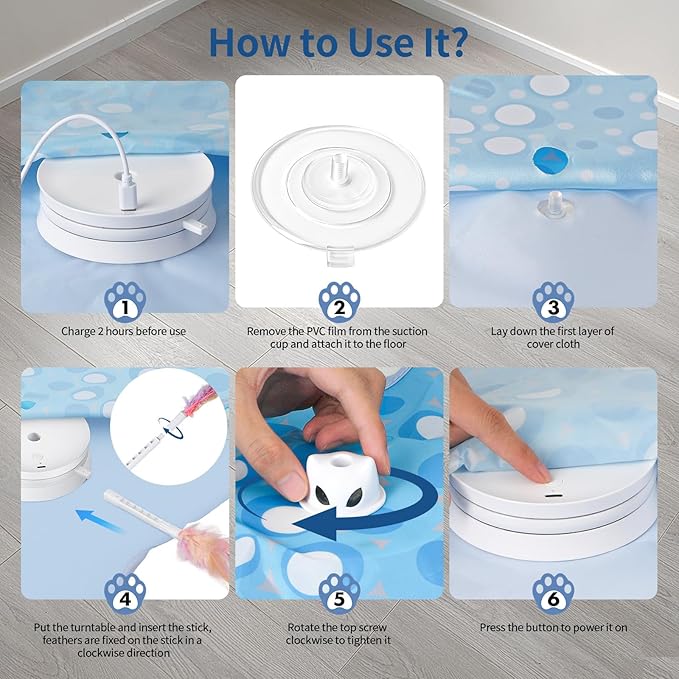 Rechargeable Interactive Cat Toys, Automatic Cat Toy for Indoor Cats, Durable Hide and Seek Cat Toy with Moving Concealed Feathers, Touch Activated Kitten Toys Cat Exercise Toys, Blue White Cover