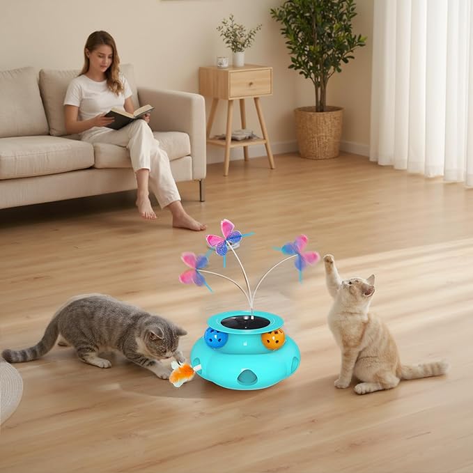 Crazydeer Interactive Cat Toys for Indoor Cats, 3in1 Pet Teaser Toy with Ambush Feather Wand, Fluttering Butterfly and Track Balls, Touch Activated Automatic Kitten Rechargeable Toys