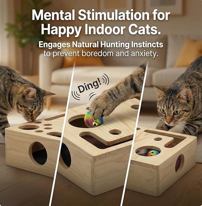 Cat Nail File Scratch Enrichment Box, Wooden Cat Scratch Puzzle Box with Sandpaper, Stress Free Alternative to Clippers for Indoor Cats, Interactive Maze Toy