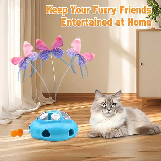 Crazydeer Interactive Cat Toys for Indoor Cats, 4in1 Pet Teaser Toy with Ambush Feather Wand, Motorized Fluttering Butterfly and Slow Feeder, Rechargeable Power Treat Puzzle Toy(Blue)