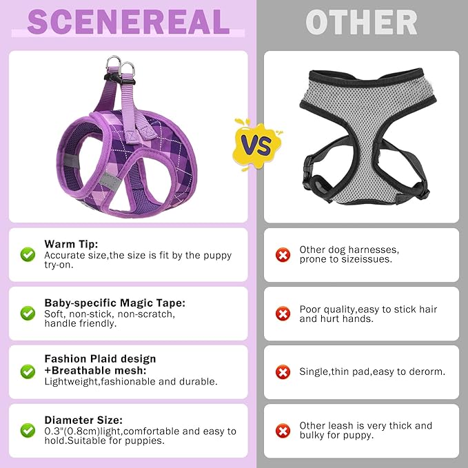SCENEREAL Small Dog Harness and Leash Collar Set, Step in No Pull Soft Mesh Dog Harnesses for Small Medium Sized Dogs Puppy and Cats Outdoor Walking, No Chock Reflective Vest Harness, Purple Plaid XS