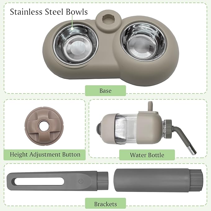 Fhiny Dog Water Feeder Bottle with Stand, Double Bowl Adjustable Automatic Dispenser Water Food for Kennel Leak-Proof No-Drip Pet Slow Water Bottle for Indoor Puppy Durable Drinker (Grey, 29 oz)