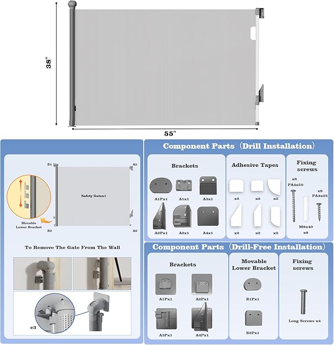 Retractable Baby Gates for Stairs, Dog Gate/Cat Door Expands to 55" x 38", Easy Installation, Secure Closure, Drill/Non-Drill Installations, for Indoor/Outdoor Pet & Baby Home Safety (Gray)