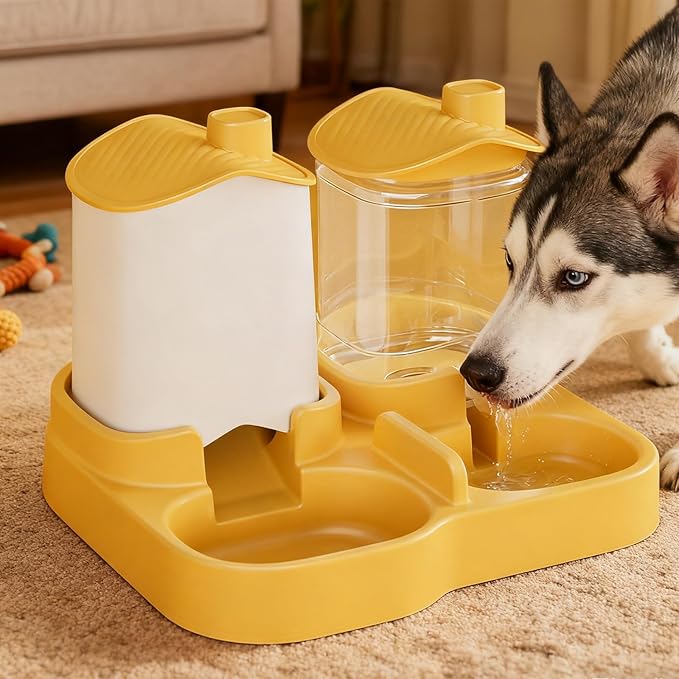 Automatic Cat Feeder, Dog Food and Water Bowl Set, Automatic Pet Feeder and Waterer Combo, 4L Cat Food Dispenser With, Gravity-Based Feeder for Cats and Small Dogs, No Need Electricity (Yellow)