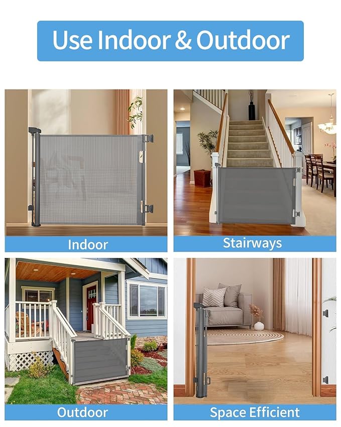 (2 Pack) Retractable Baby Gate for Doorways and Stairs, Mesh Safety Gate for Pet, Indoor & Outdoor Use, One-Hand Operation, Easy Installation, 33.6" Tall, Expands to 55" Wide(Grey,33.6"x55"