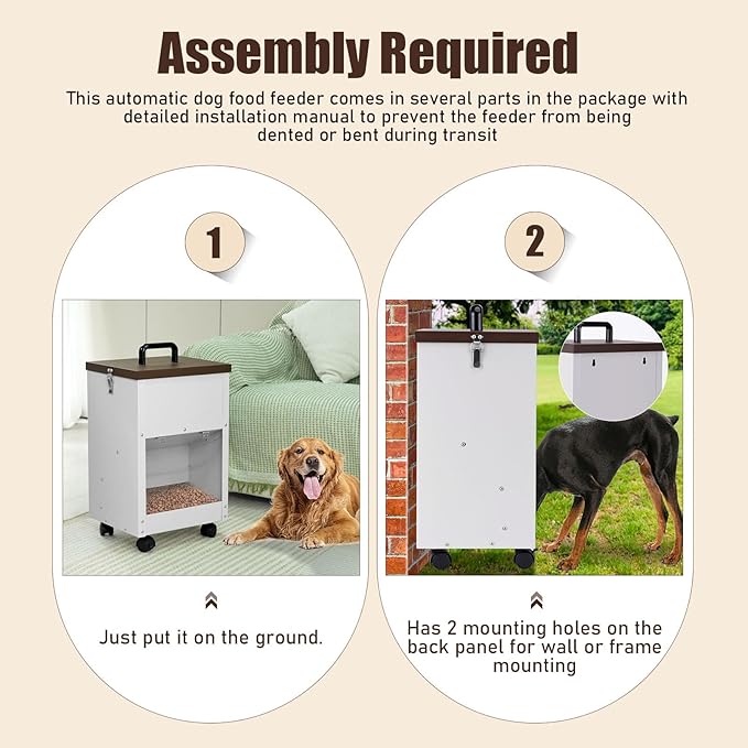 Outdoor Automatic Dog Feeder Large Breed 28 Lbs Capacity, Galvanized Metal Self Feeding Dog Food Dispenser with Clear Door, Gravity Pet Feeder Wall Mountable, Easy to Move with Wheels