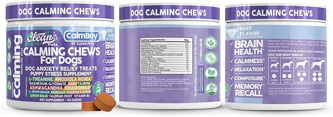 Clean Nutra Calming Chews for Dogs, Dog Anxiety Relief Supplement, L Theanine Ashwagandha Rhodiola GABA Magnesium Valerian Natural Ingredients, 90 Chews, Beef Flavor