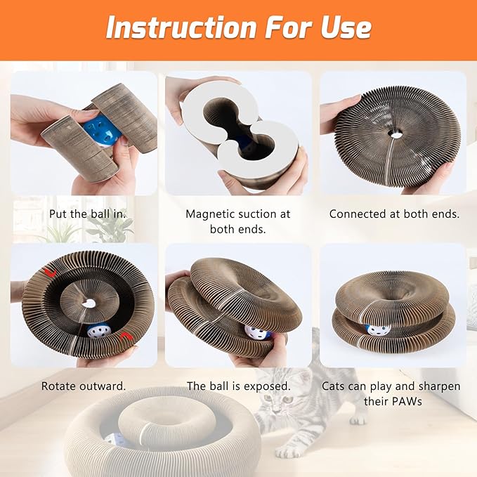 Magic Organ Cat Scratcher Toy, Foldable & Reversible Accordion Kitty Toy with Bell Ball, Interactive Cardboard Scratching Board Scratcher Pad for Indoor Cat (1 Pack)