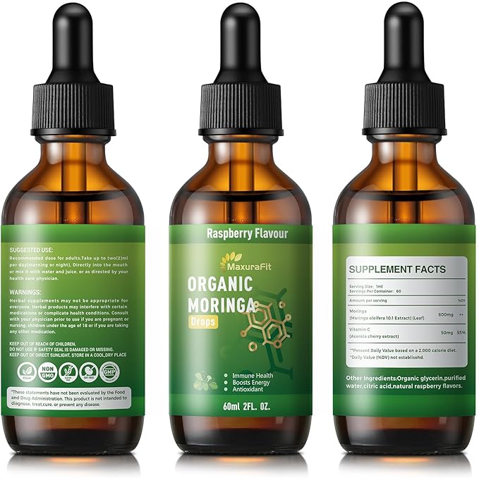 Moringa Leaf Drops with Vitamin C, Moringa Oleifera Extract Liquid Drops for Immunity Support,Antioxidant,Overall Health & Energy,Vegan Herbal Supplement 2 fl oz