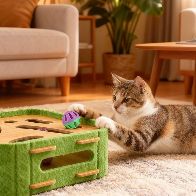 GLIDESMOOTH Interactive Cat Toy Puzzle Toys for Indoor, Felt Maze Box, Cat Toys, Mental Stimulation and Entertainment, Square, Green, 1 Set