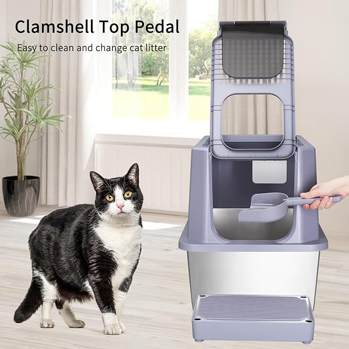 RIZZARI Stainless Steel Litter Box: Jumbo 23.8" Covered & High-Sided Litter Pan for Large Cats & Multi-Cat Homes – Durable - Odor-Free, Easy Clean - Indoor Use in Apartment - Bathroom - Living Room