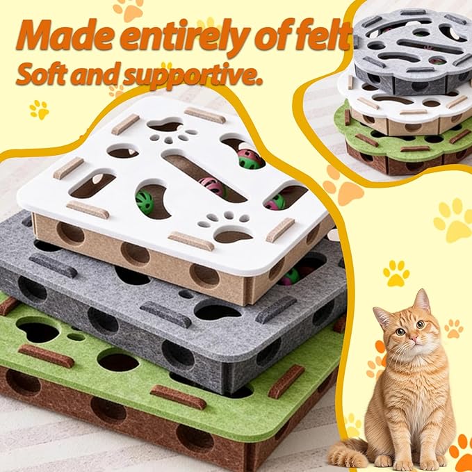 Interactive Cat Puzzle Toy, Felt Maze Box, Allows Cats to Play Independently, Scratching and Hunting Puzzle Box, Kitten Toy, a Gift for Kittens. (Camel-White Square)