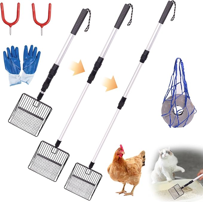 2 Pcs Cat & Chicken Poop Scooper with Holder, Metal 4 in 1 Heavy Duty Sifting Litter Scoopers, Long Handle Cat Litter Scoop, Stretchable Chicken Coop Must Haves Accessories, Durable Chicken Coop Rake
