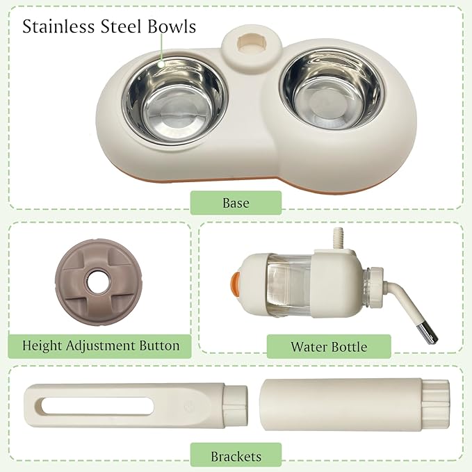 Fhiny Dog Water Feeder Bottle with Stand, Double Bowl Adjustable Automatic Dispenser Water Food for Kennel Leak-Proof No-Drip Pet Slow Water Bottle for Indoor Puppy Durable Drinker (White, 29 oz)