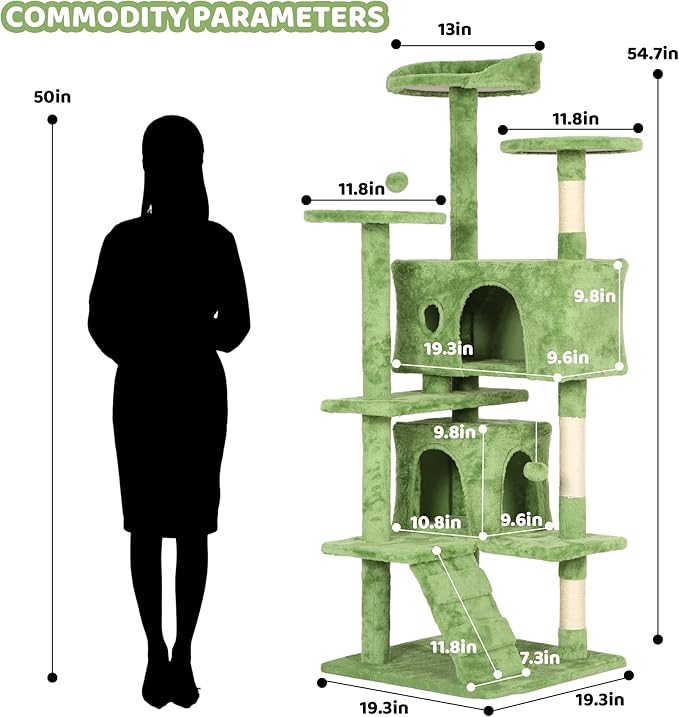 54" Cat Tree for Indoor Cats - Multi-Level Cat Tower with Scratching Posts, Jumping Platforms, Spacious Condo, Cat Bed Cave & Hidden Spaces - Durable Cat Furniture - Green