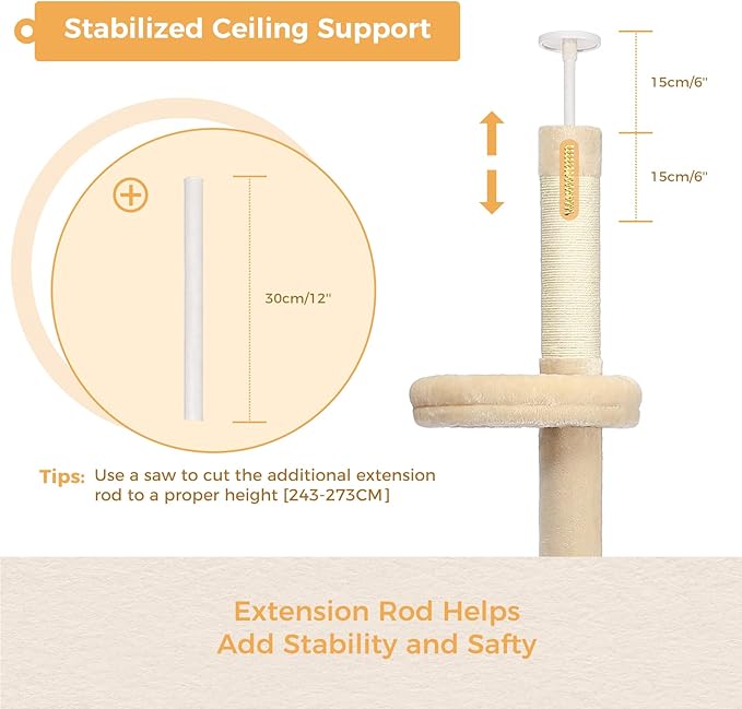 PETEPELA Floor to Ceiling Cat Tree, Cat Tower 5-Tier Height(95-107 Inches) Adjustable, Tall Cat Climbing Tree Featuring with Scratching Post, Cozy Bed,Interactive Ball Toy for Indoor Cats/Kitten Beige