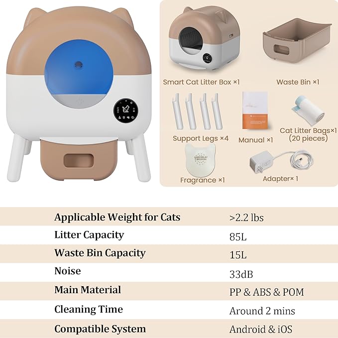 Bashaw Self Cleaning Litter Box, Large Capacity Automatic Litter Box for Multiple Cat, App-Controlled with Odor Removal & Safety Protection (White)