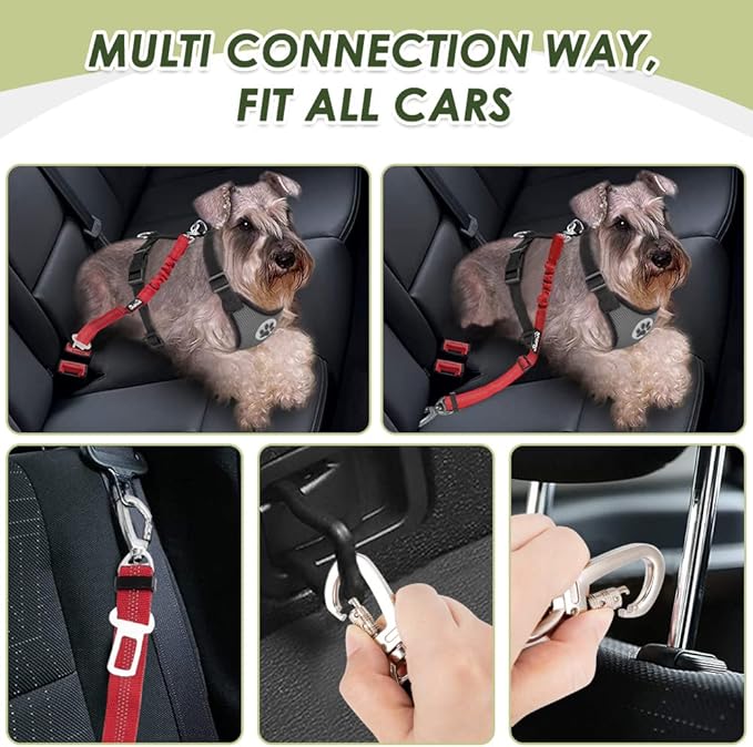 SlowTon Dog Seatbelt, 2 Pack Dog Seat Belt Car Leash Adjustable Elastic Bungee Buffer Heavy Duty Nylon Reflective Pet Safety Tether Connect to Dog Harness for Travel Riding in Vehicle (Daul Clip, R)