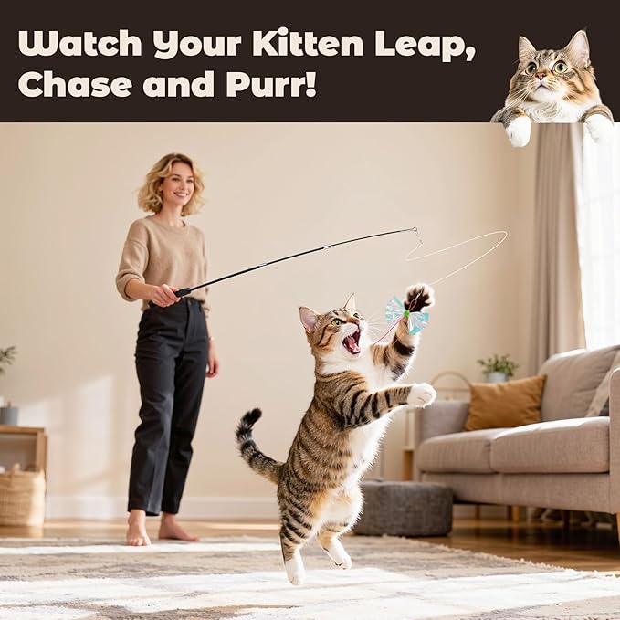 VavoPaw 4-in-1 Interactive Cat Toys for Indoor Cats, Retractable Cat Wand Toy with Feather, Crinkle Paper Refills, Kitten Toys Teaser Wand for Bored Indoor Adult Cats and Kittens