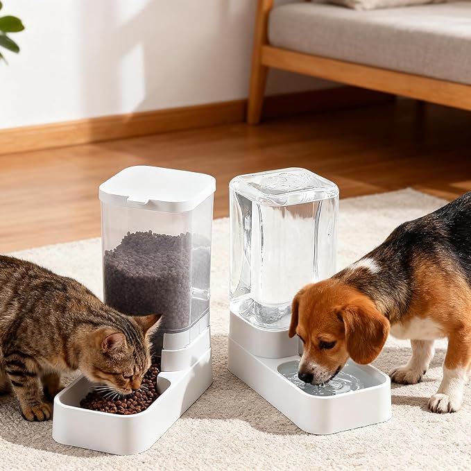2 PCS Automatic Cat Feeder,Dog Water and Food Bowl Dispenser,cat Food and Water Dispenser,3.8L Gravity Storage and 2.1KG Grain Storage Combination Pet Feeder,Cat Water Fountain.