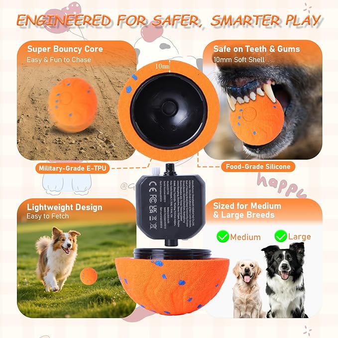 Smart Interactive Dog Toys - Automatic Moving Bouncing & Rotating Dog Ball with E-TPU Material, New Electric Dog Toy USB-C Rechargeable, Active Rolling Balls for Medium-Large Dogs(Orange)