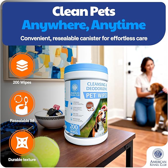 American Kennel Club Pet Cleansing Wipes Canister – 200ct – Gentle Grooming & Quick Clean-Up for Dogs & Cats – Chemical-Free, Soft, and Safe for Paws, Face, Ears, and Coat – Portable & Moist