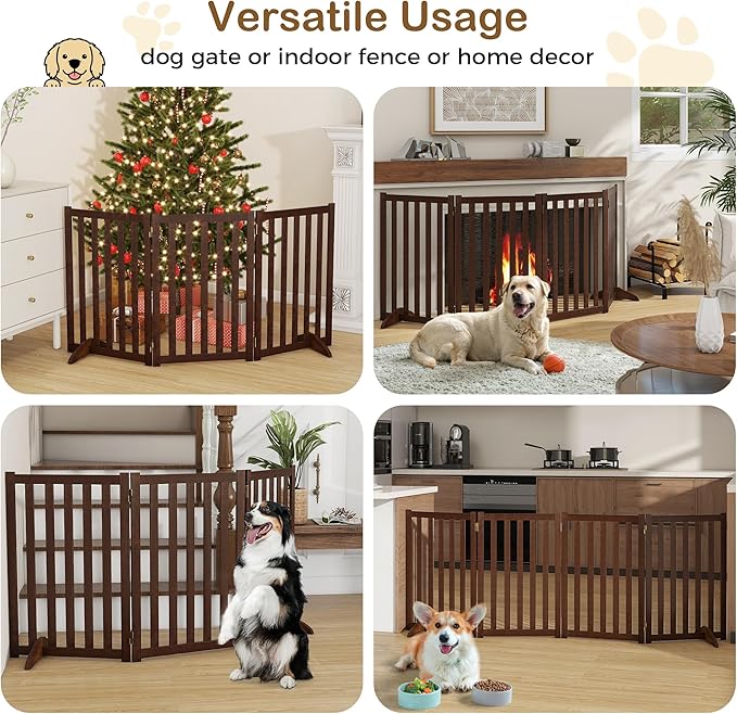 30" Height Tall Freestanding Pet Gate, Solid Wood Folding Safety Fence Wooden Dog Gate with 2 PCs Support Feet Ideal for Stairs, Doorways, Halls, Kitchens, Heavy Duty Gates, 3 Panels, Walnut
