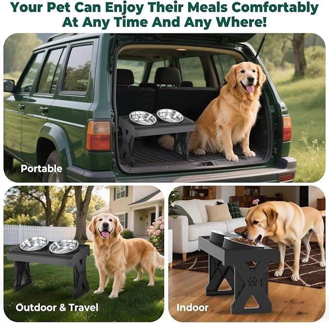 Adjustable Elevated Dog Bowl, 3-Height Stand (2.8, 8.1, 12.2 inch) for Large/Small Dogs, 2 Stainless Steel Bowls, Foldable & Portable Raised Feeder for Travel, Joint Care