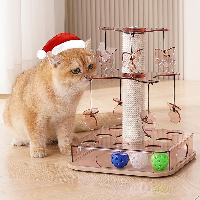 Kicari Modern 3-in-1 Interactive Cat Toy, Puzzle Box Cat Puzzle Toys for Indoor Cats with with Colorful Jingle Balls, Small Cotton Scratching Post, 2-Layer Spinning Dangling Toys, Acrylic Pink