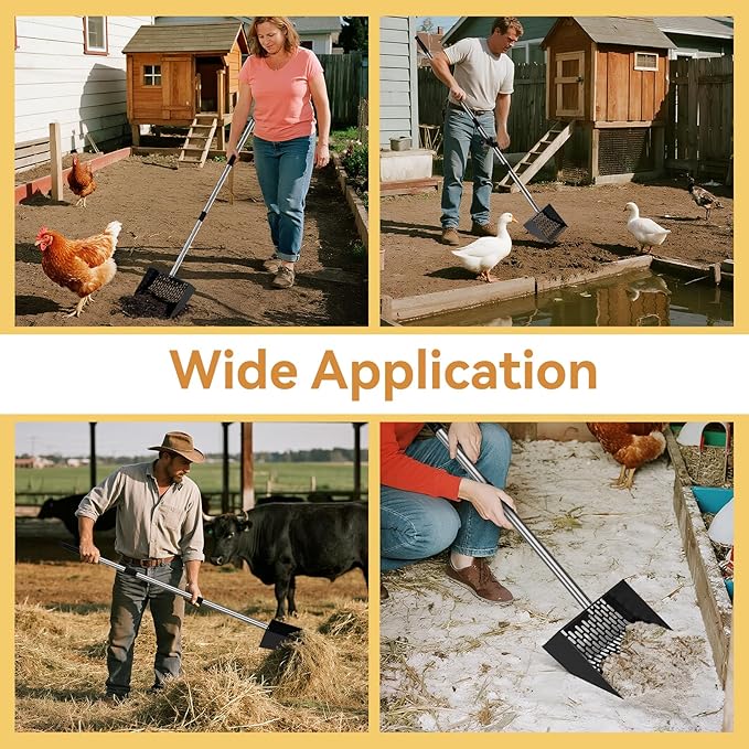 Chicken Poop Scooper for Sand 2-in-1, Heavy Duty Chicken Scooper for Poop with 35" to 65" Stainless Steel Handle, Chicken Coop Scooper Rake, Litter Scooper Sand Sifting Shovel for Chicken Coops & Pet