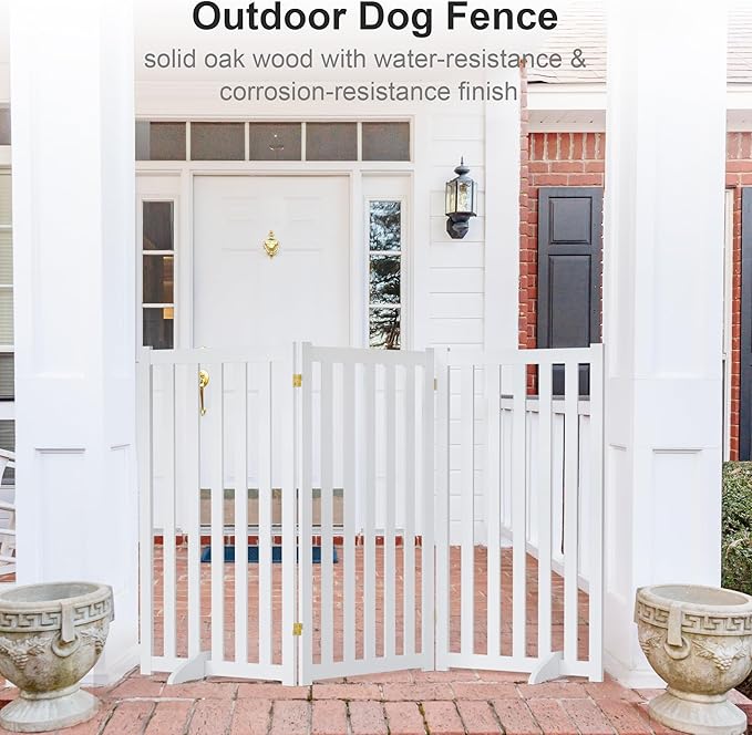 36" Height Extra Tall Freestanding Pet Gate, Solid Wood Folding Safety Fence Wooden Dog Gate with 2 PCs Support Feet Ideal for Stairs, Doorways, Halls, Kitchens, Heavy Duty Gates, 3 Panels, White