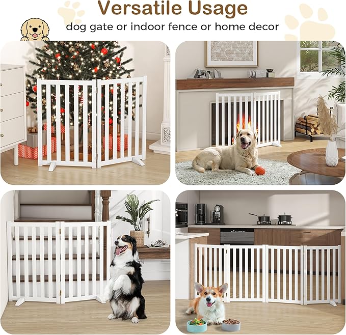 30" Height Tall Freestanding Pet Gate, Solid Wood Folding Safety Fence Wooden Dog Gate with 2 PCs Support Feet Ideal for Stairs, Doorways, Halls, Kitchens, Heavy Duty Gates, 2 Panels, White