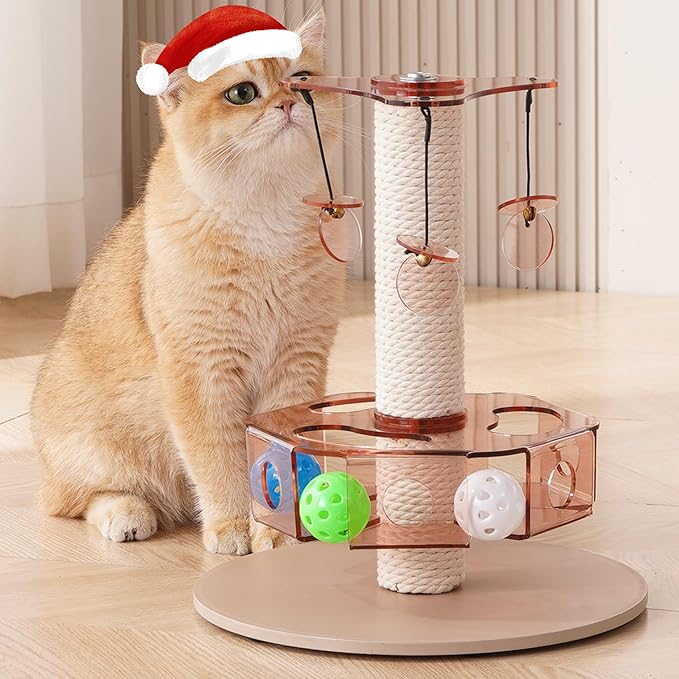 Kicari Modern 3-in-1 Interactive Cat Toy, Rotating Puzzle Box Cat Puzzle Toys for Indoor Cats with Colorful Jingle Balls, Small Scratching Post, Spinning Teaser Disc with Dangling Toys, Acrylic Pink