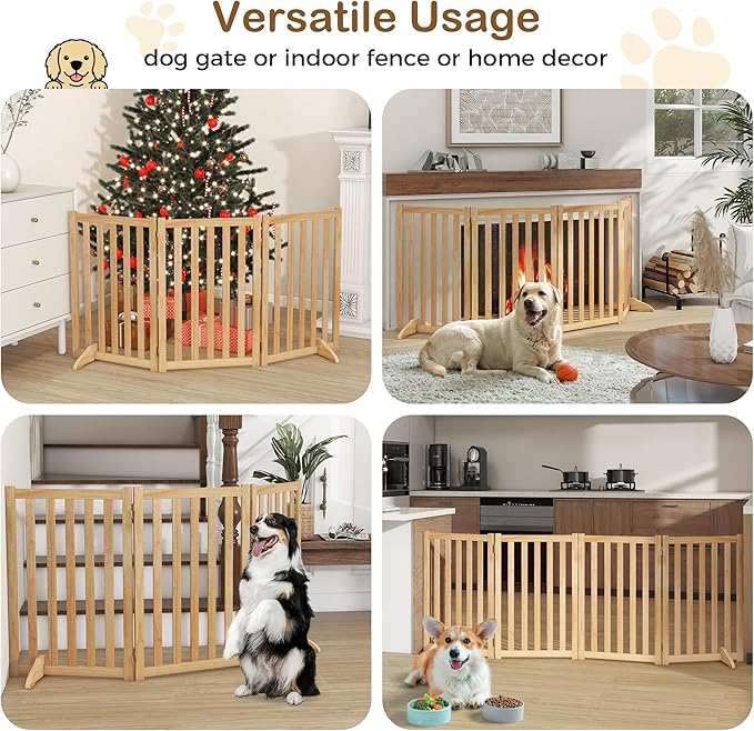 30" Height Tall Freestanding Pet Gate, Solid Wood Folding Safety Fence Wooden Dog Gate with 2 PCs Support Feet Ideal for Stairs, Doorways, Halls, Kitchens, Heavy Duty Gates, 3 Panels, Oak