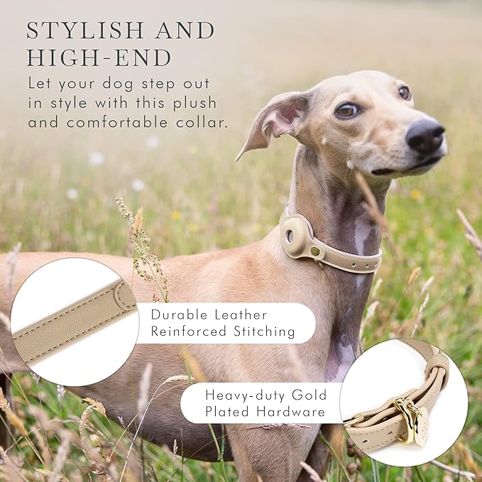 NINA WOOF Cupertino Dog Collars, Harnesses & Leashes Made from Vegan Leather with Dog Tracker Device Holder Adjustable Dog Collar (Extra Small, Beige)