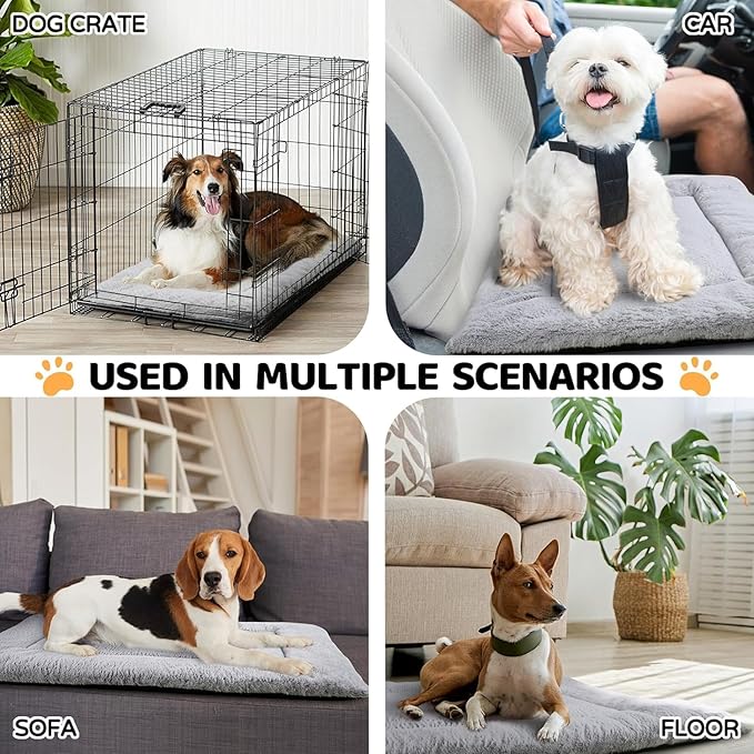 Washable Dog Crate Bed for Large Dogs, Soft Fluffy Pet Kennel Bed Mat Sleeping Mattress, Anti-Slip Travel Flat Pet Beds for Indoor & Outdoor Dogs (30" x 20", Grey)