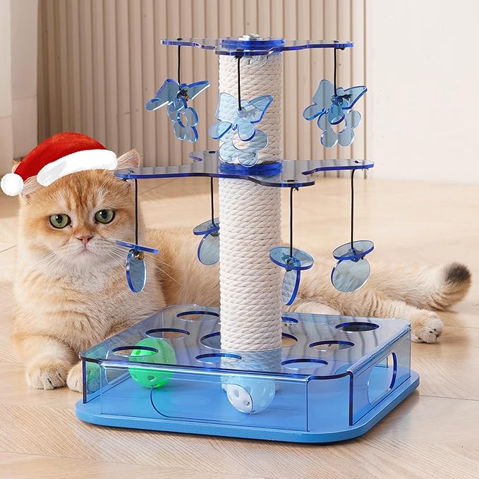 Kicari Modern 3-in-1 Interactive Cat Toy, Puzzle Box Cat Puzzle Toys for Indoor Cats with with Colorful Jingle Balls, Small Cotton Scratching Post, 2-Layer Spinning Dangling Toys, Acrylic Blue