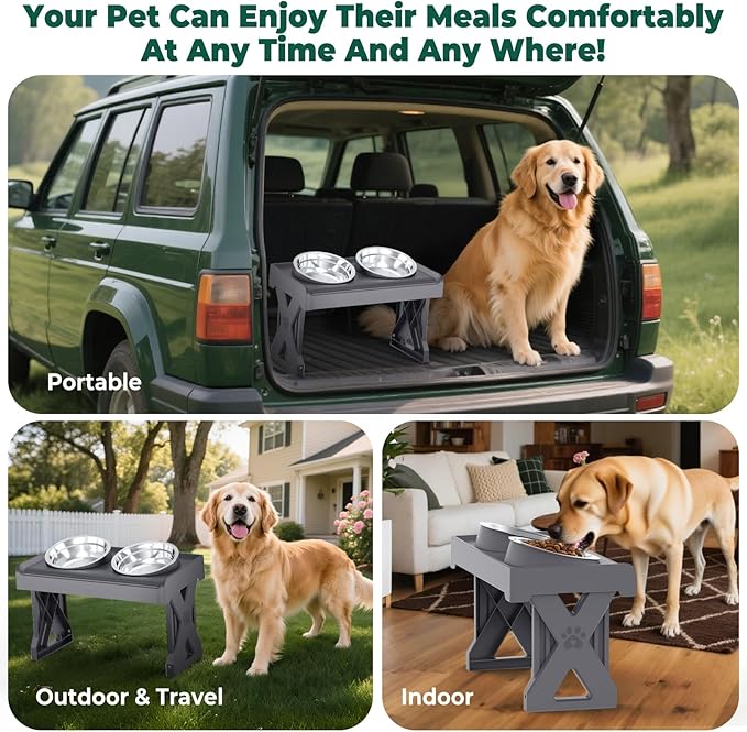 Adjustable Elevated Dog Bowl, 3-Height Stand (2.8, 8.1, 12.2 inch) for Large/Small Dogs, 2 Stainless Steel Bowls, Foldable & Portable Raised Feeder for Travel, Joint Care