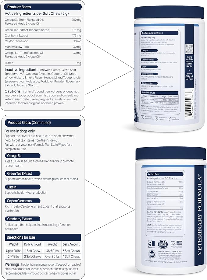 Veterinary Formula Eye Health Supplement for Dogs – Vet-Formulated Tear Stain Chews with Omega 3, Lutein & Cranberry – Smart Vitality Supports Eye Moisture, Stain Reduction & Immunity, 60 Soft Chews