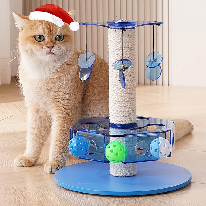 Kicari Modern 3-in-1 Interactive Cat Toy, Rotating Puzzle Box Cat Puzzle Toys for Indoor Cats with Colorful Jingle Balls, Small Scratching Post, Spinning Teaser Disc with Dangling Toys, Acrylic Blue