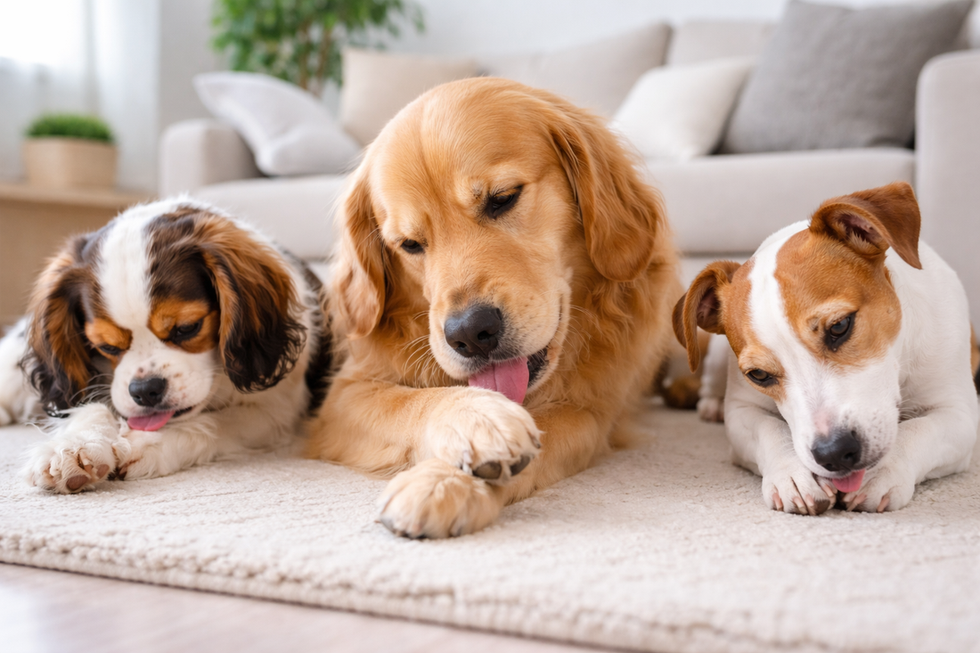 Three dogs licking their paws on a soft rug indoors, showing common paw irritation behavior in dogs.